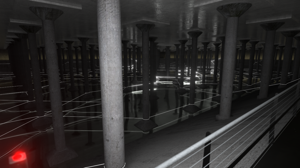 Light and shadow shift across the columns of the Buffalo Bayou Park Cistern in "Undercurrents" by Rafael Lozano-Hemmer. (Photo courtesy Buffalo Bayou Partnership)