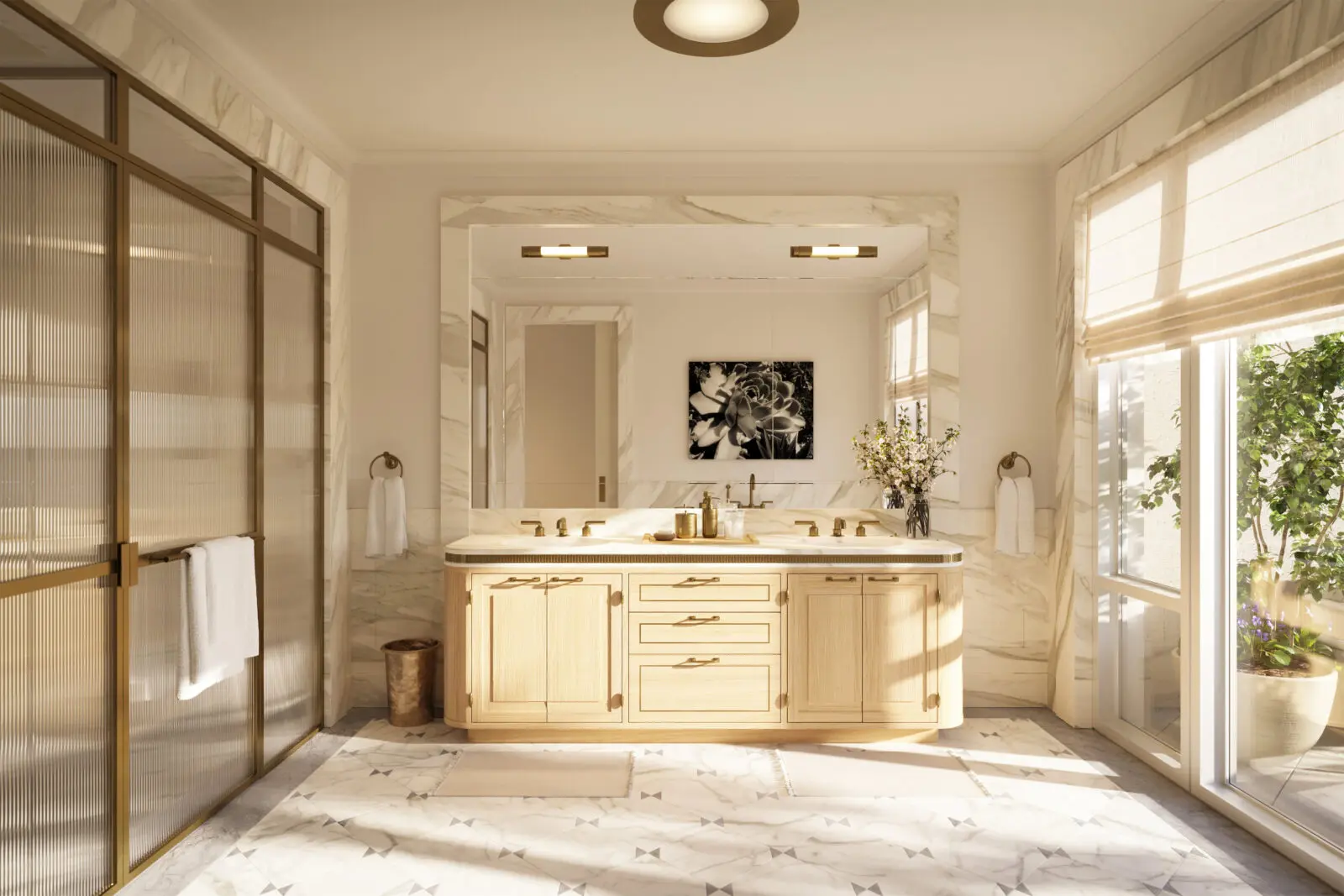 The bathroom boasts custom vanities, exceptional stonework, marble flooring, freestanding deep
soaking tubs, and custom-enclosed showers.