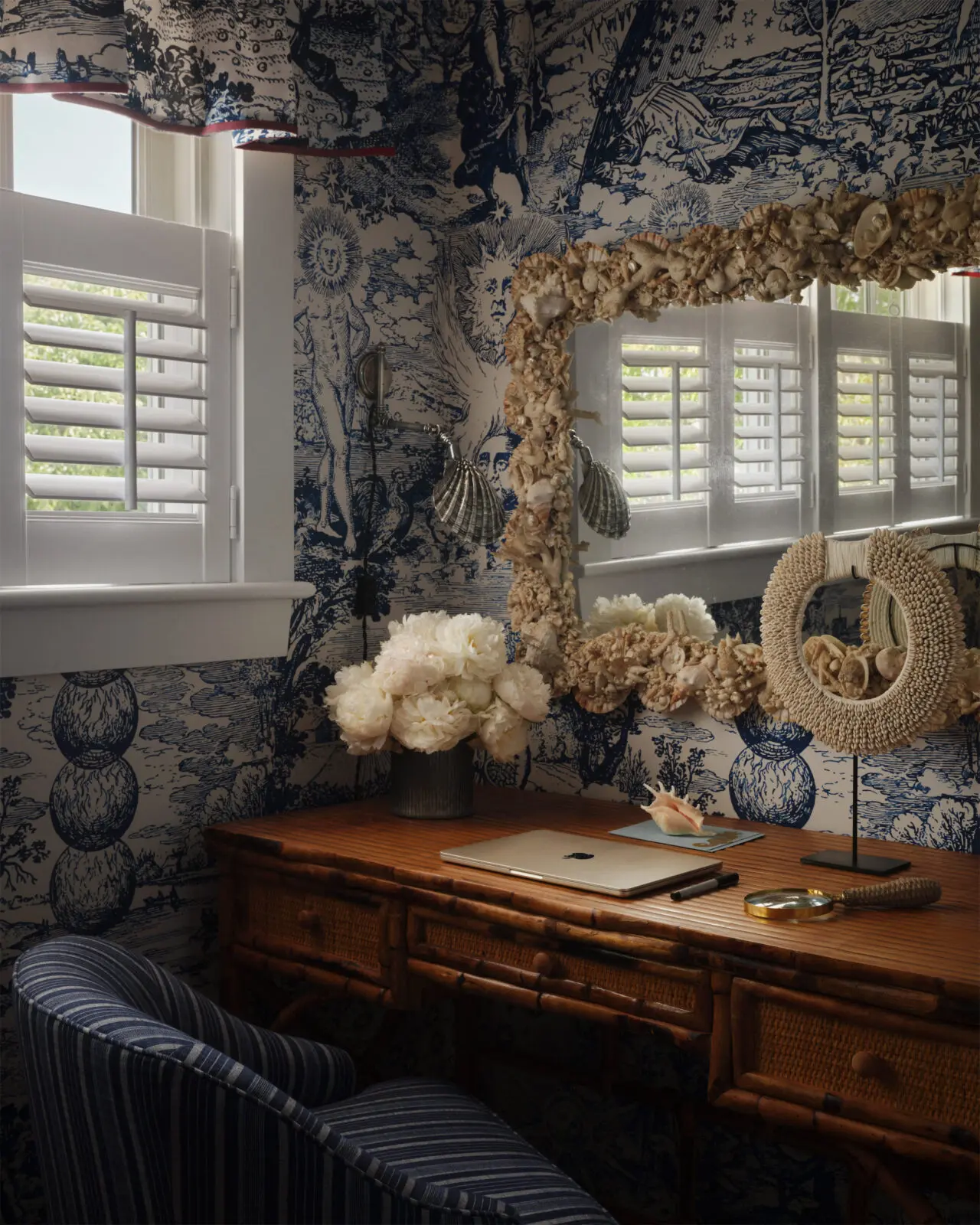 Reeded bamboo desk found on Martha’s Vineyard. Vintage shell mirror from Nick Brock Antiques. (Photo by Douglas Friedman)