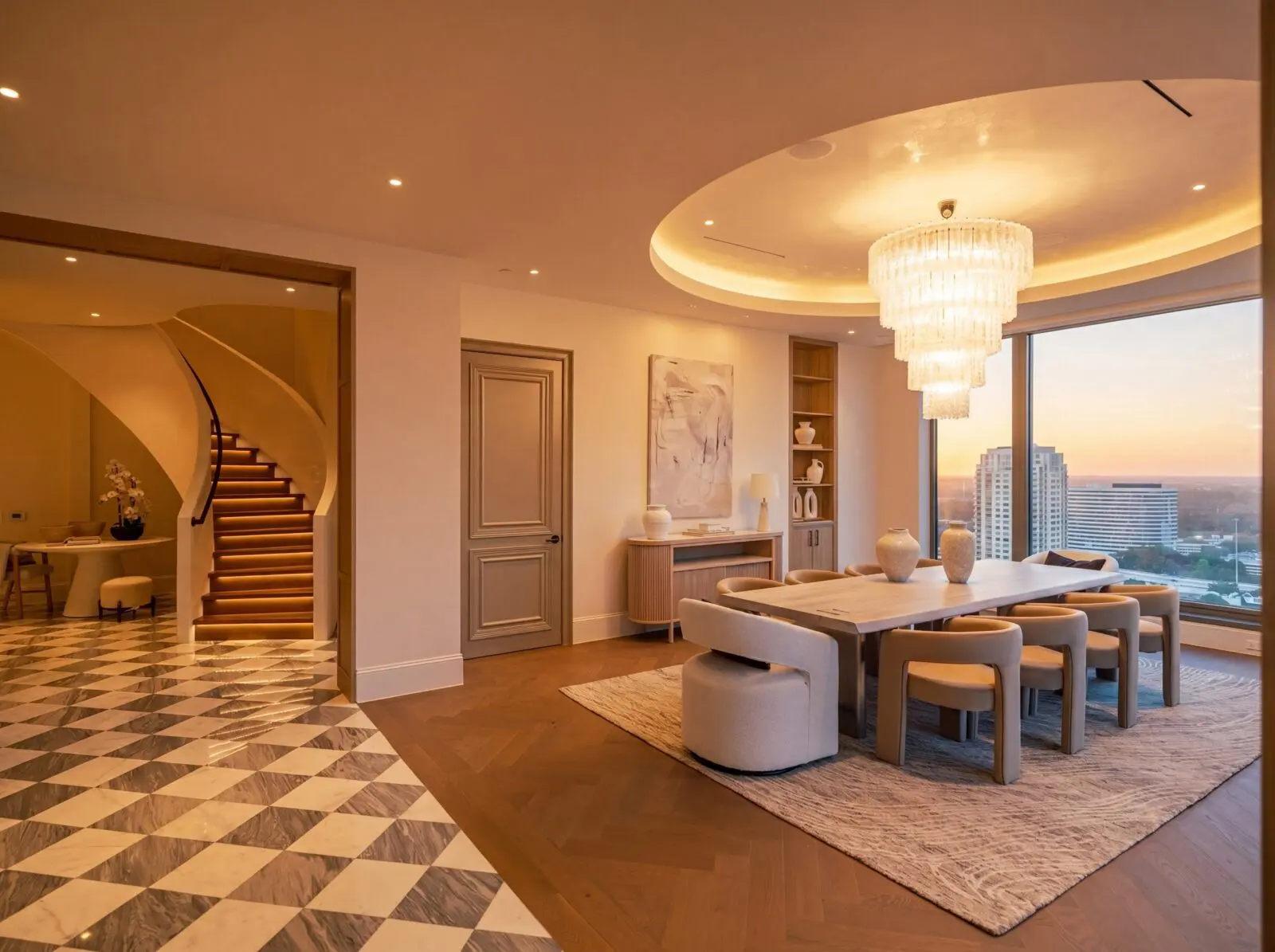 The sculptural floating staircase informs the grand style in Belfiore penthouse (Photo by Harry Stonhill)
