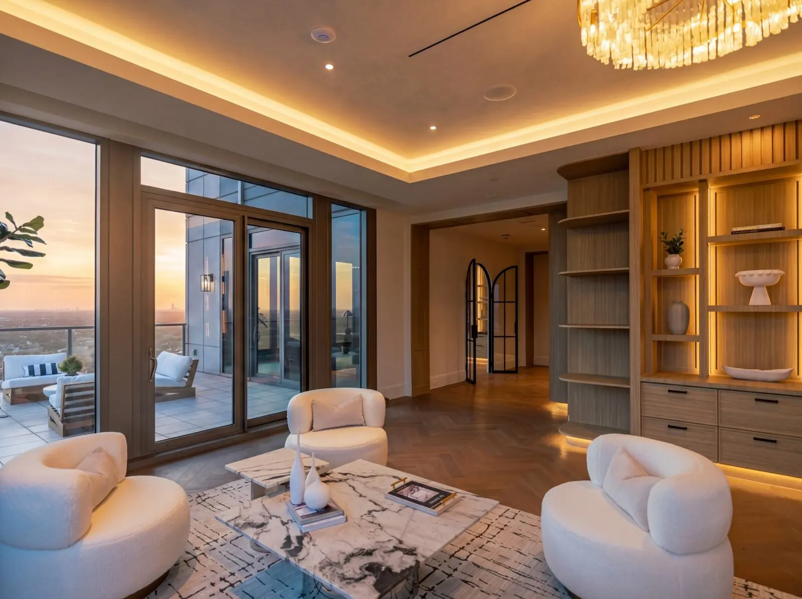 Entertaining spaces are lush in the Belfiore penthouse (Photo by Harry Stonhill)