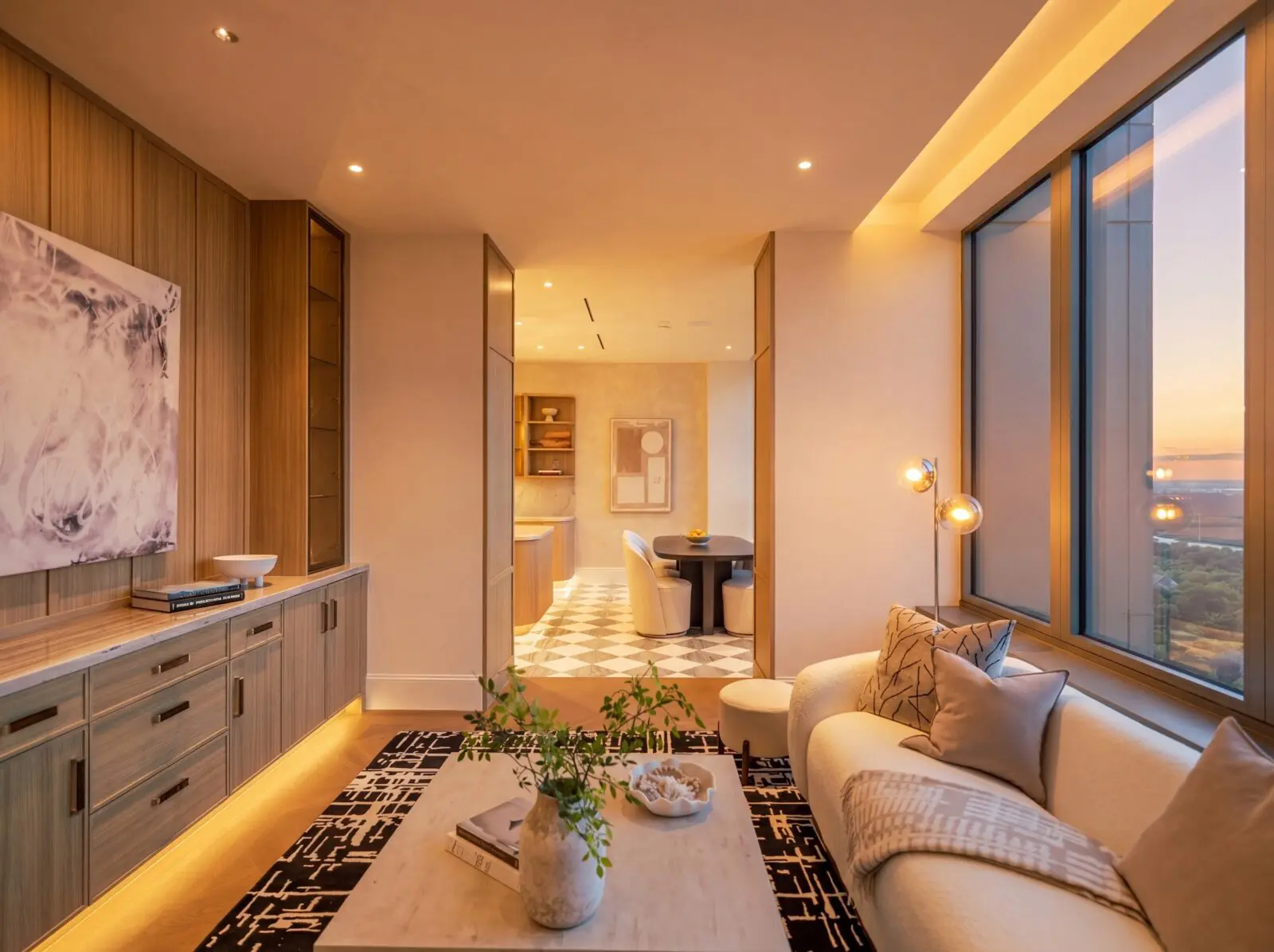 Entertaining spaces are lush in the Belfiore penthouse (Photo by Harry Stonhill)