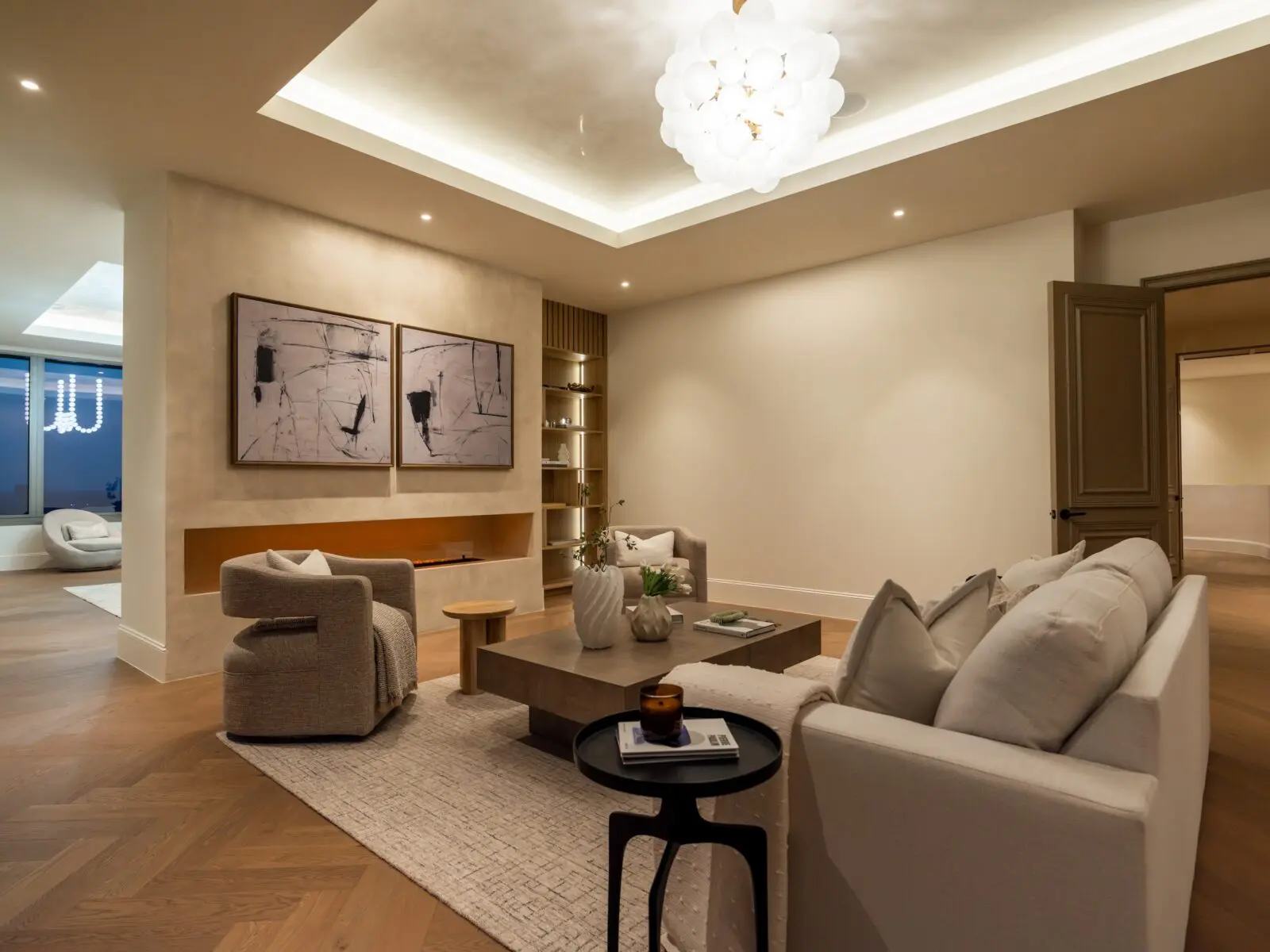 A cozy entertaining space in the Belfiore penthouse (Photo by Harry Stonhill)