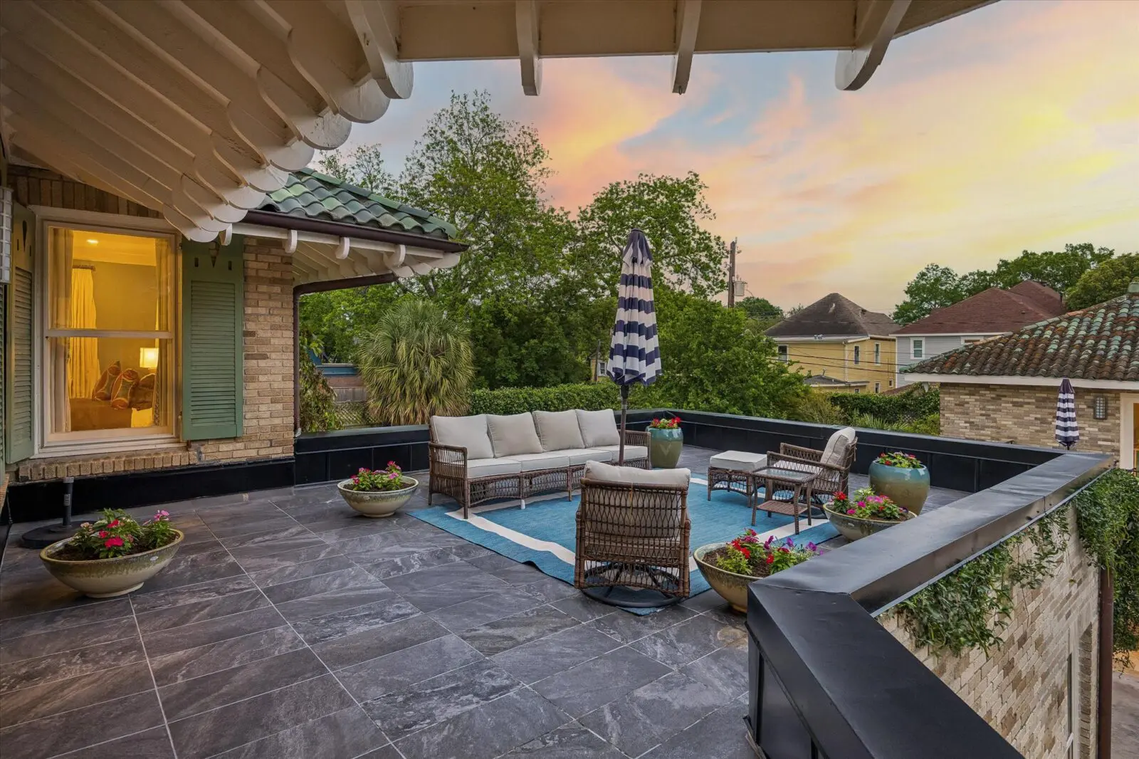 An outdoor terrace on the second floor of 15 Courtlandt Place (Photo by Tk Images)