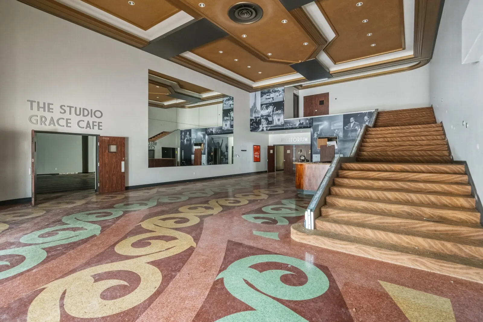 The movie palace's terrazzo floors in Streamline Moderne design remain among the most remarkable architectural features.