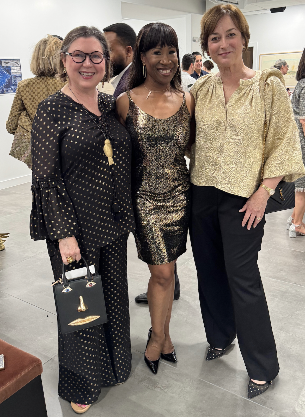 Co-chair Shawn Stephens, Lauren Anderson, co-chair Leigh Smith at the Houston Arts Alliance Gilded & Golden Kickoff (Photo by Hung L. Truong)
