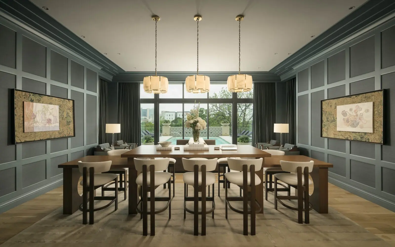 The Langley amenity deck on the fourth floor of the 20-story building includes a private dining room.