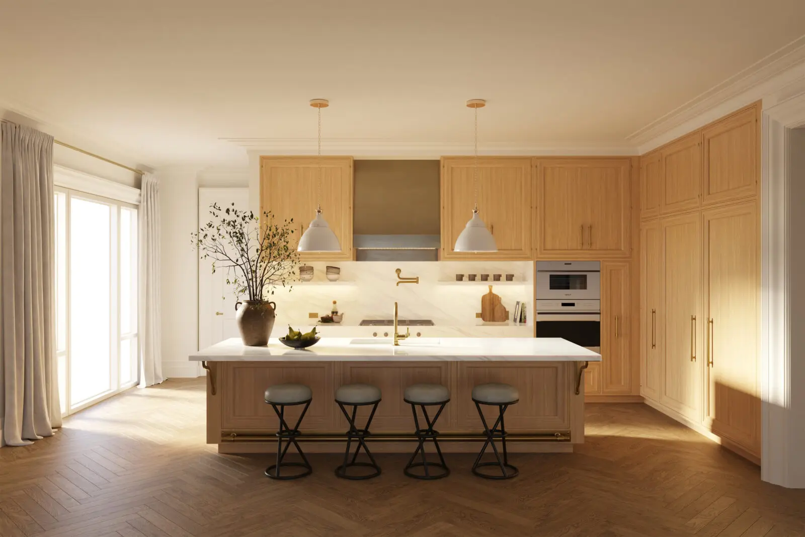 A residential kitchen with cool Calacatta marble and elegant white woods at the new Rosewood Residences Turtle Creek.