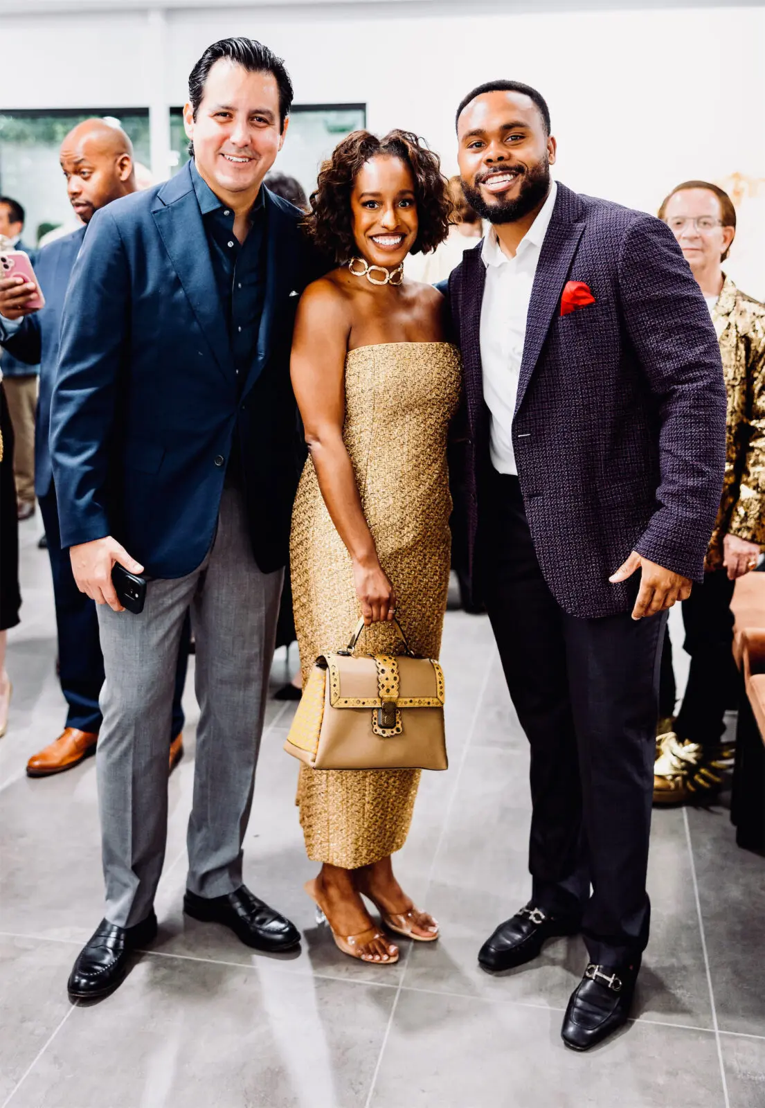 Board chair Sergio Selvera, HAA CEO Taylor Jackson, board member Cameron West at the Houston Arts Alliance Gilded & Golden Kickoff (Photo by Hung L. Truong)