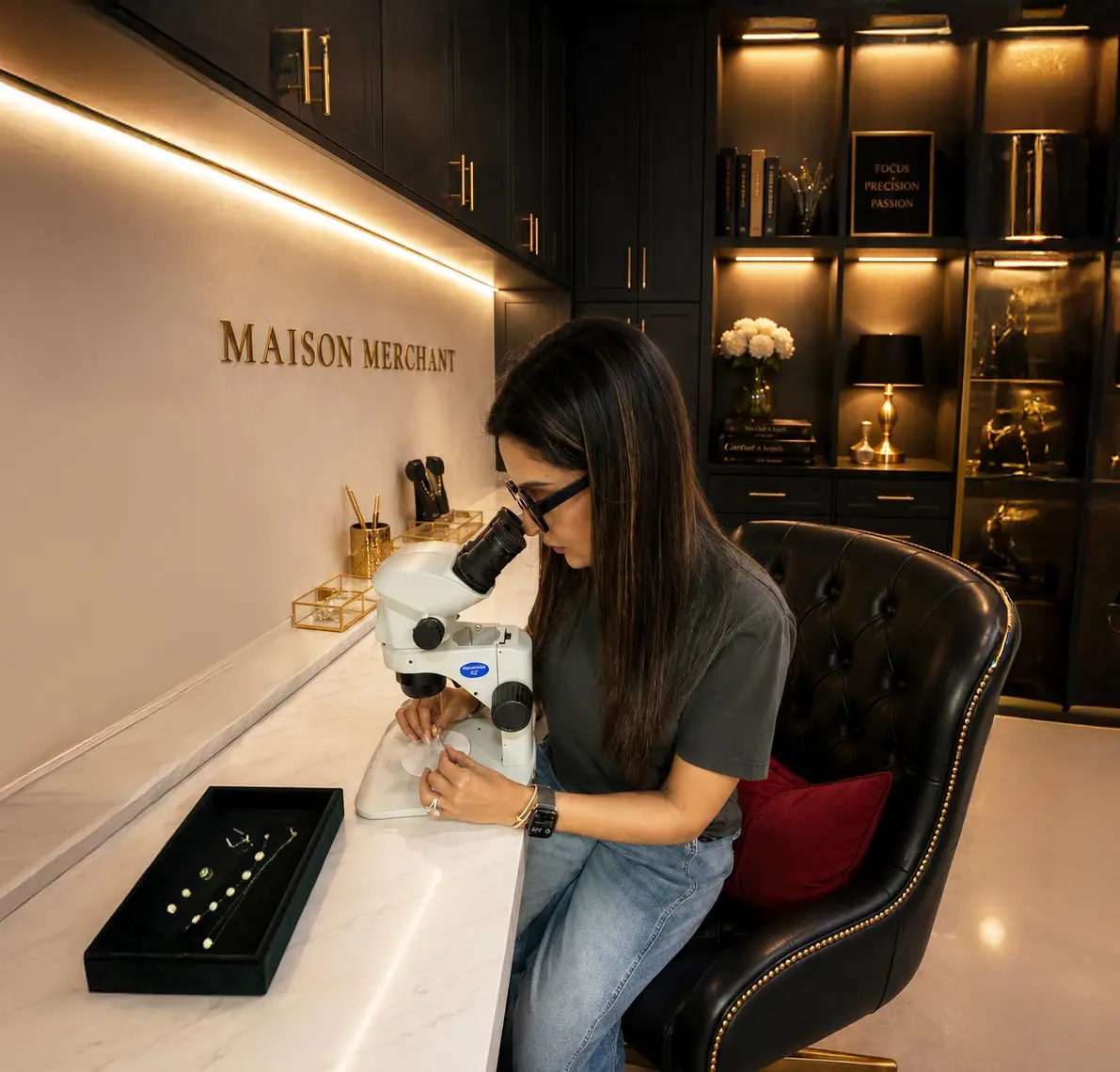 Sneha Merchant at work designing pieces for her stunning Maison Merchant jewelry collection (Photo by Hung L. Truong)