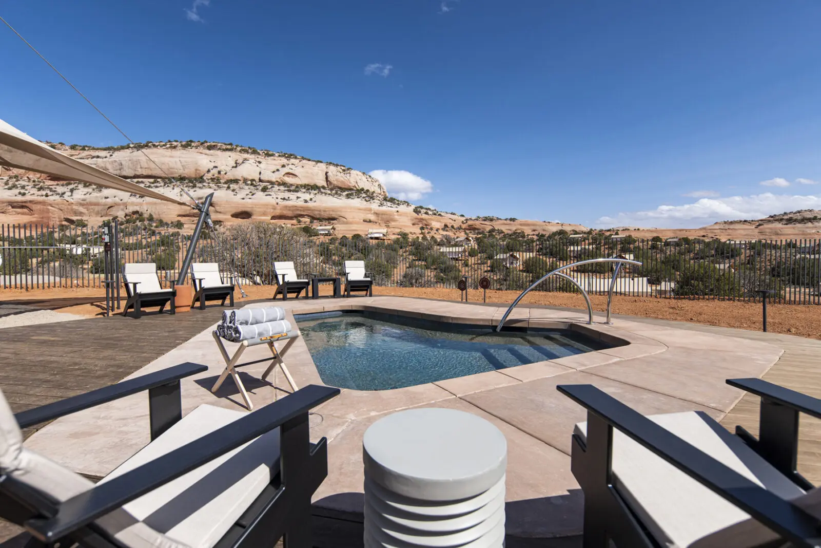 Three pools including a heated pool, hot tub and cold plunge are available to guests at ULUM Moab in Moab, Utah.