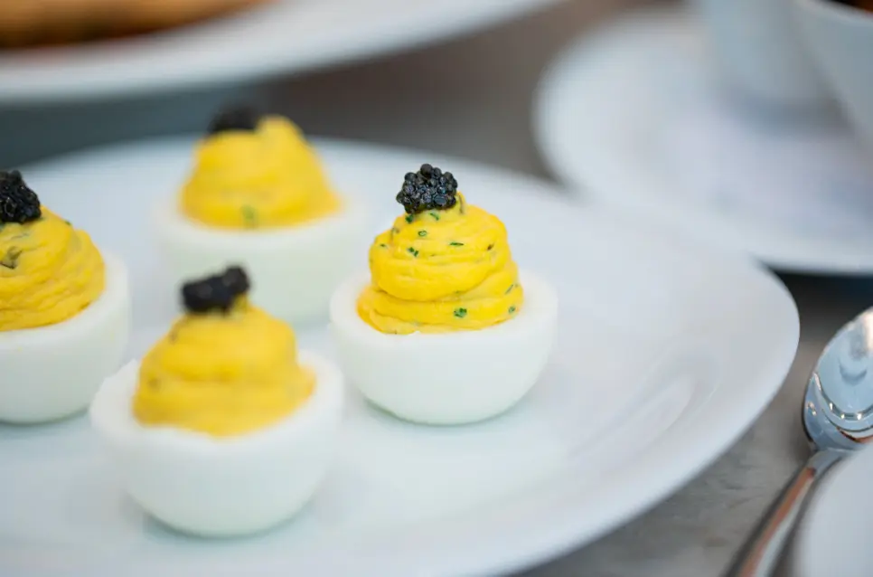 Thoughtfully composed dishes at Café Mirador include deviled eggs with caviar, whipped ricotta toast, and more. (Photo by Dan Padgett)