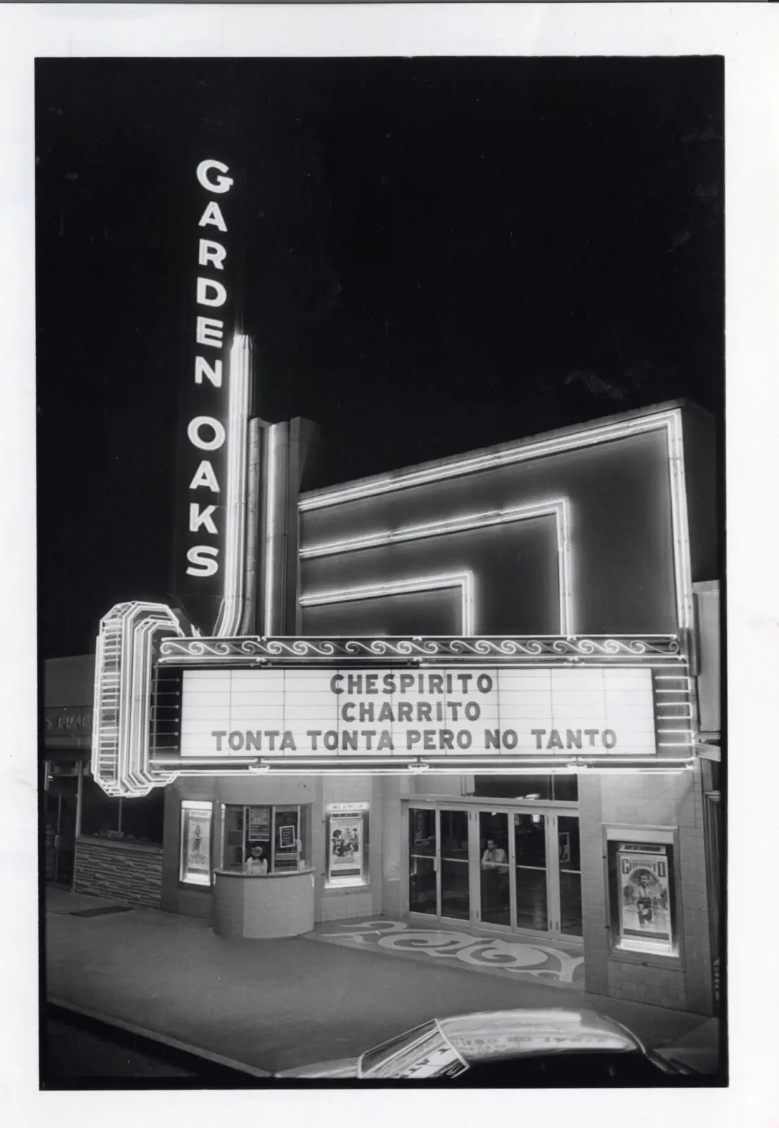 Garden Oaks Theater's marquee shines in 1984, welcoming moviegoers beneath the same lights that guided the neighborhood in 1947.