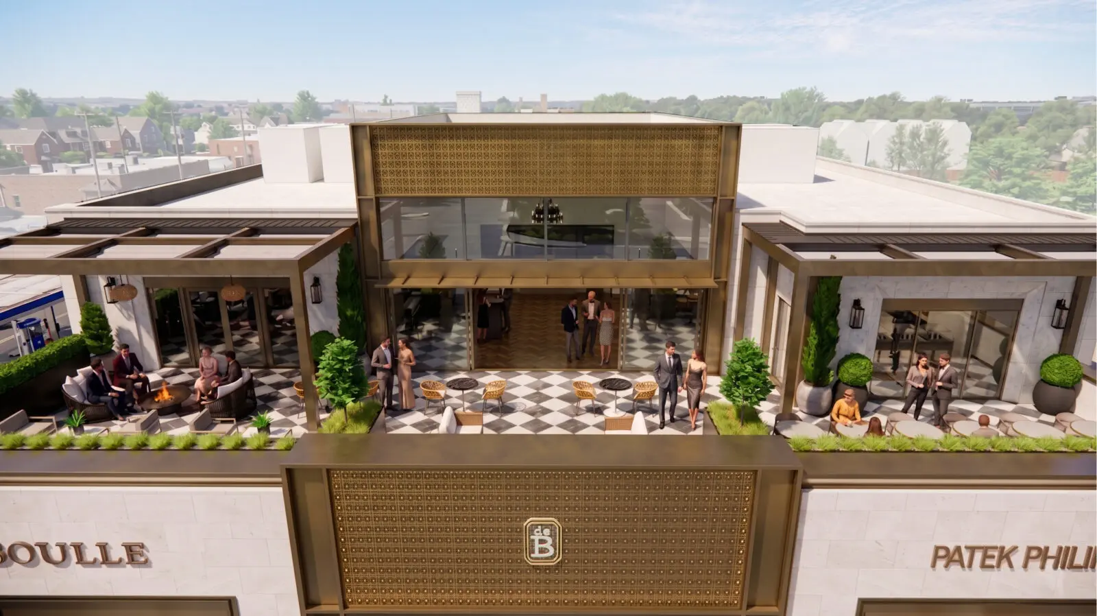 Rendering of the landmark transformation of deBoulle Diamond & Jewelry flagship with rooftop terrace