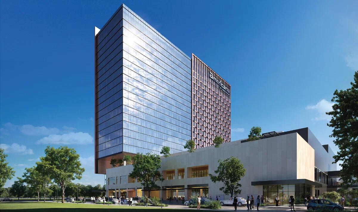A rendering shows the planned Americana by Loews Hotels in Arlington, a 507-room development scheduled to open in 2029 near the city's entertainment district. (Courtesy)