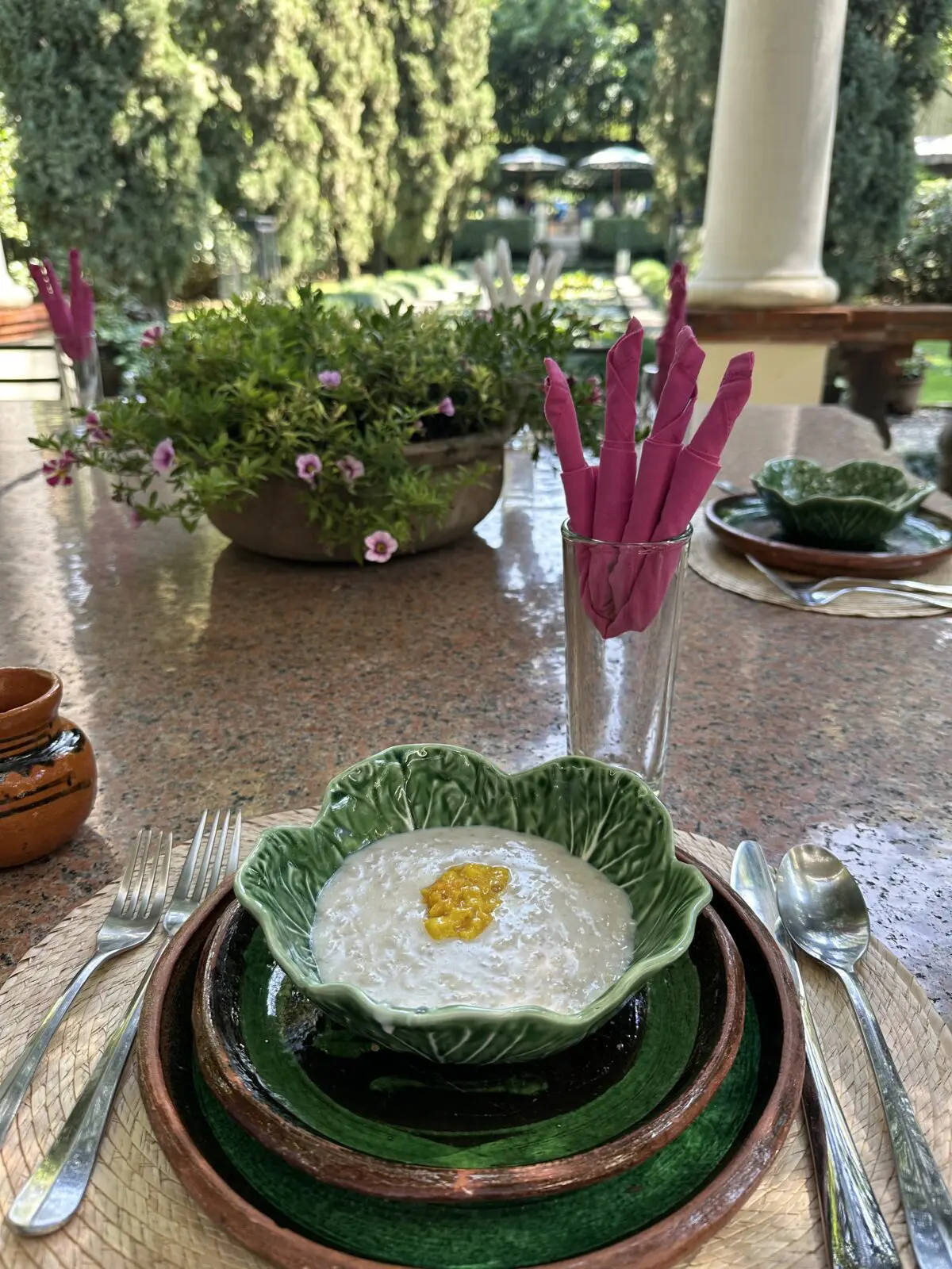 Feronia breakfast is served on the covered terrace overlooking the lily pond and mountains in the distance. (Photo by Shelby Hodge)