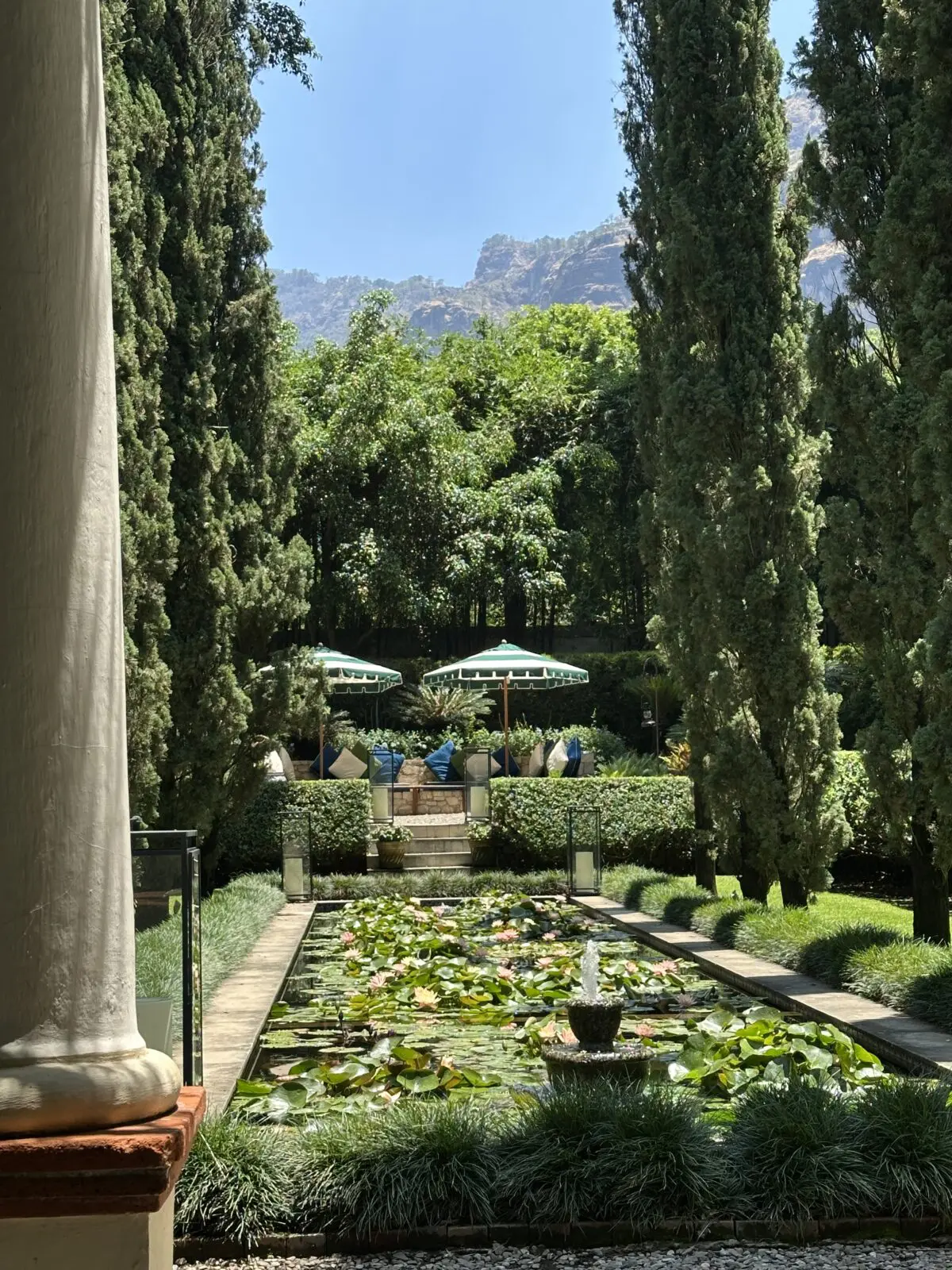The view at Feronia from the lily pond or 'estanque' leads to the imposing Tepozteco mountains. (Photo by Shelby Hodge)