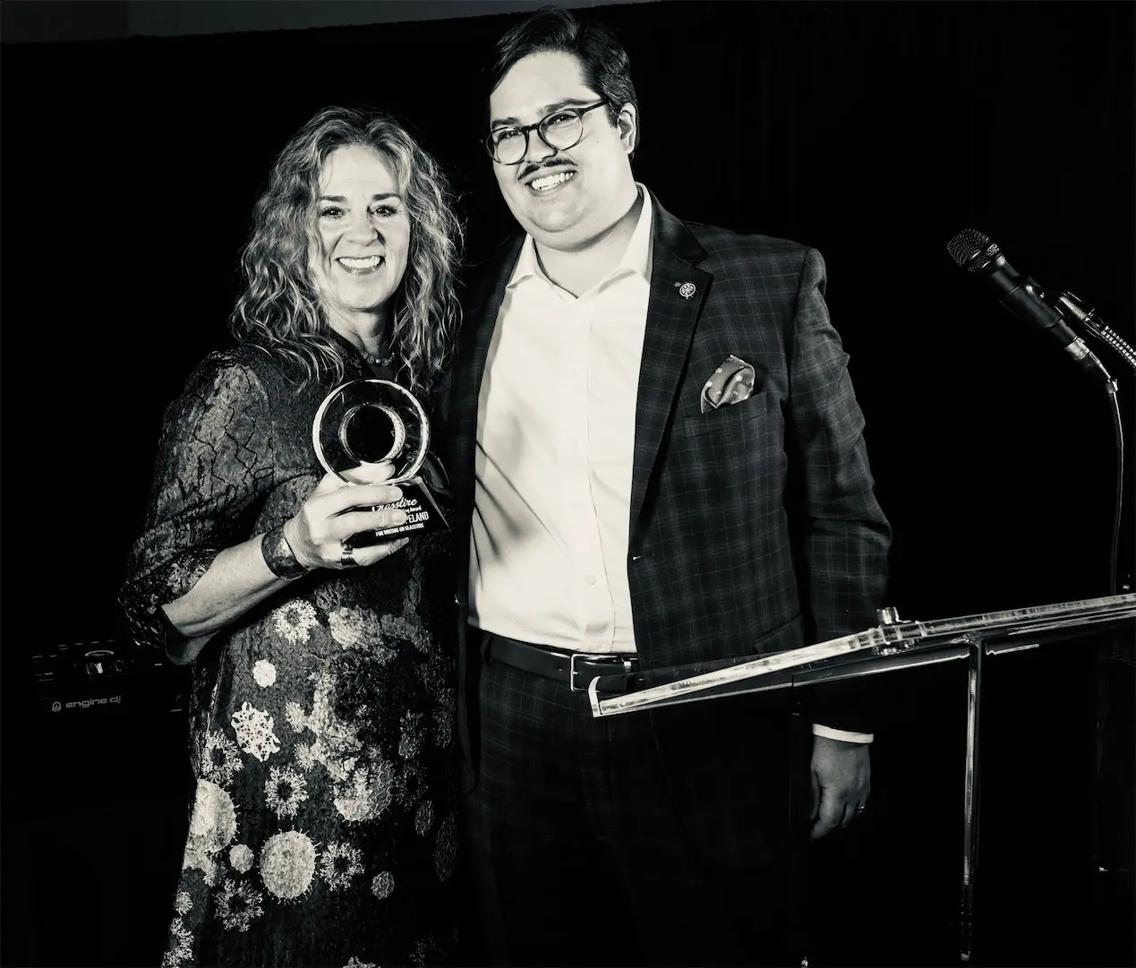Texas Art Writing Award winner Colette Copeland, Glasstire publisher Brandon Zech at Glasstire 25th Anniversary Party & Auction (Photo by Jenny Antill Clifton)
