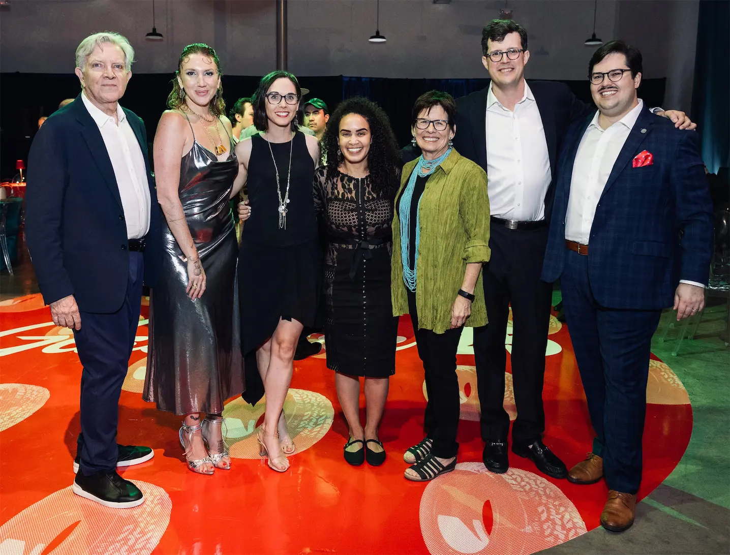 Jay Shinn, Megan Olivia Ebel, Juliet Franco, Clare Robinson, Sheryl Kolasinski, Dalton Harris, Glasstire publisher Brandon Zech at Glasstire 25th Anniversary Party & Auction (Photo by Jenny Antill Clifton)