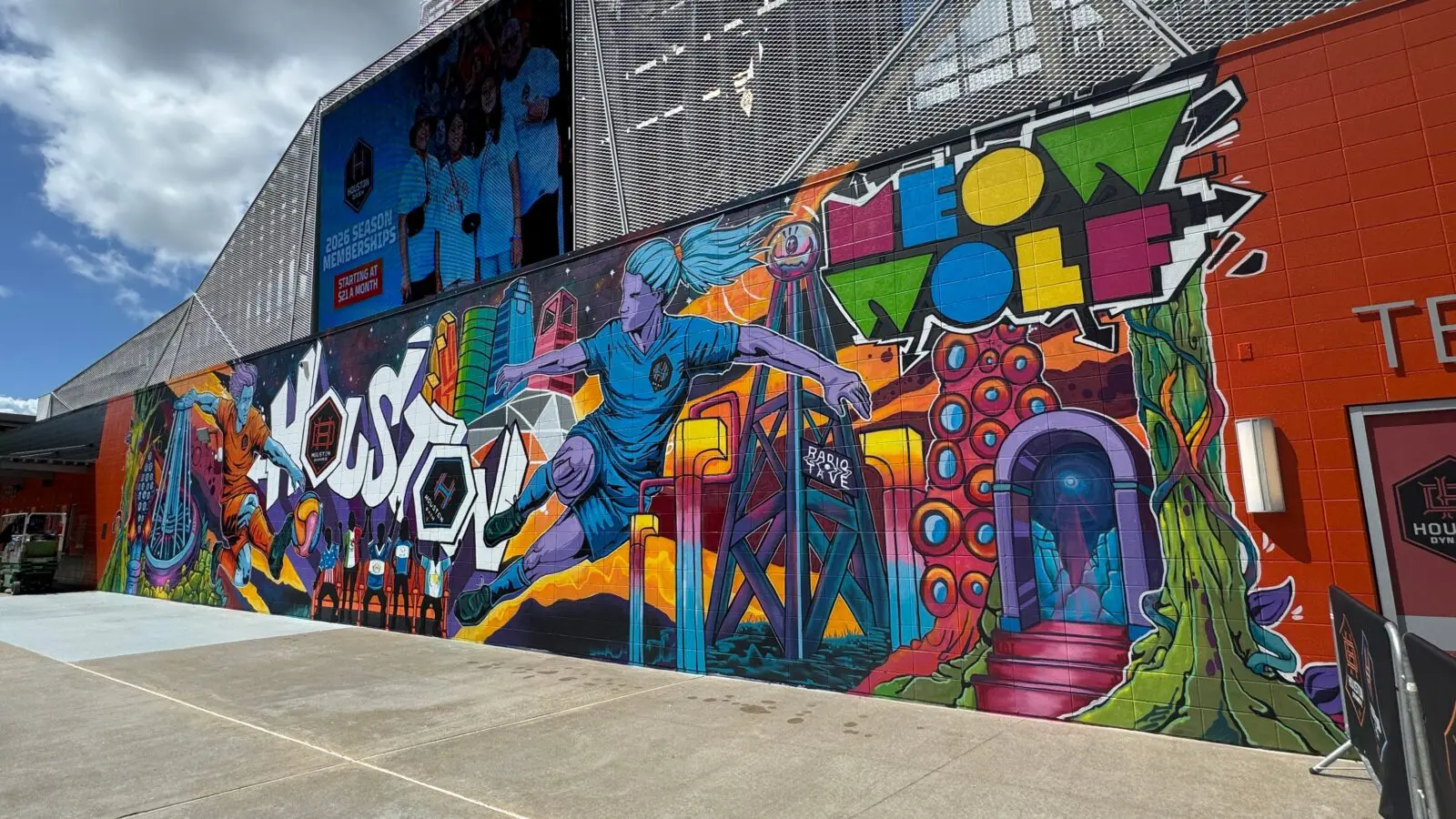 Houston art legend Gonzo247's mural, "Frequency of the City," 2026 was created in conjunction with Meow Wolf and Houston Dynamo FC. The mural is painted on the side of Shell Energy Stadium, where the Houston Dynamo and Houston Dash play. (Courtesy Gonzo247, Meow Wolf and Houston Dynamo FC)
