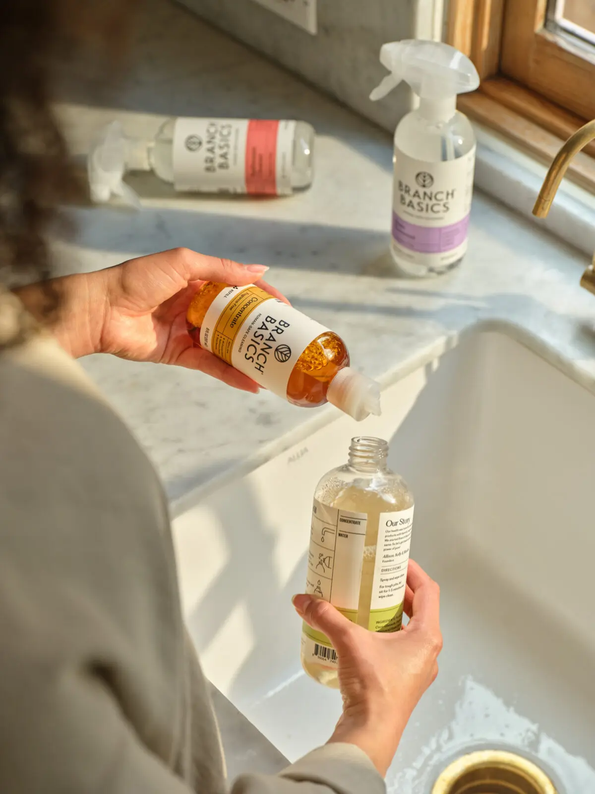 Branch Basics' flagship Concentrate is a sustainable cleaning formula that lets you add your own water, making it longer-lasting and less expensive to ship.