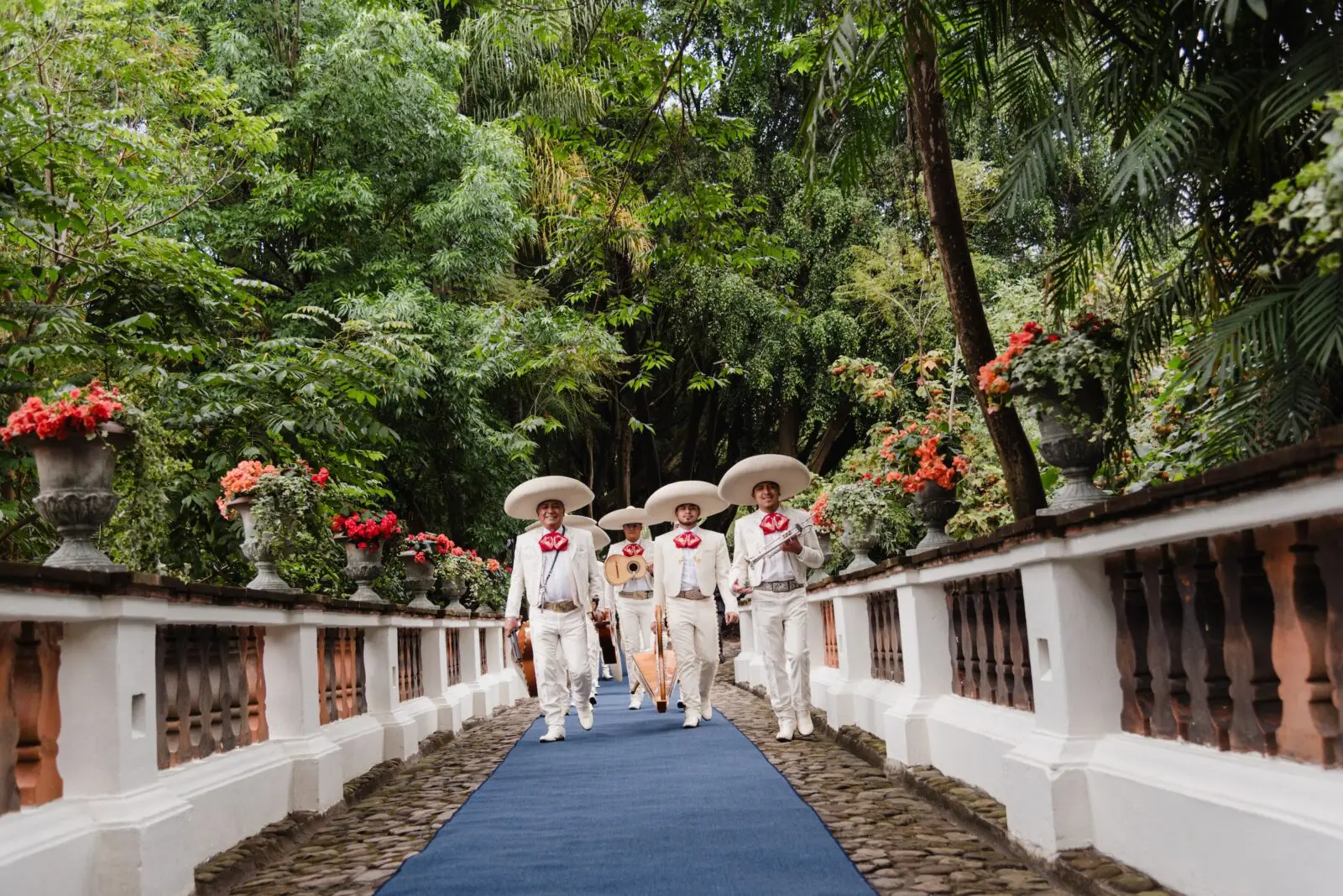 Mariachis cross the bridge onto the grounds of Feronia as a prelude to the 2024 wedding of Henry Richardson and Monsour Taghdisi. (Photo courtesy of Feronia)