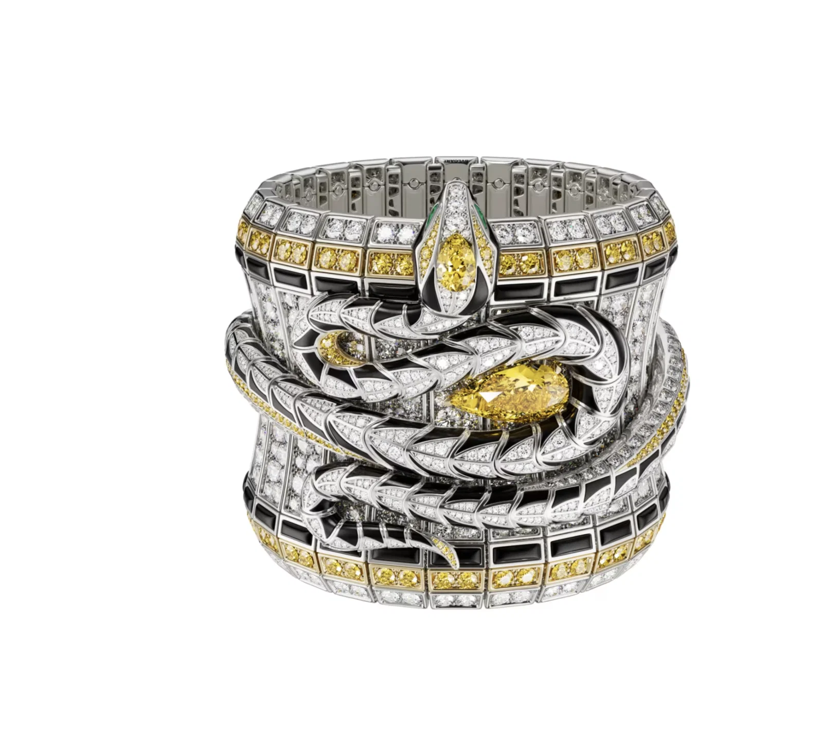 Serpenti Spira High Jewelry Cuff  with rare 5.08-carat Fancy Vivid Yellow pear-cut diamond among the coils