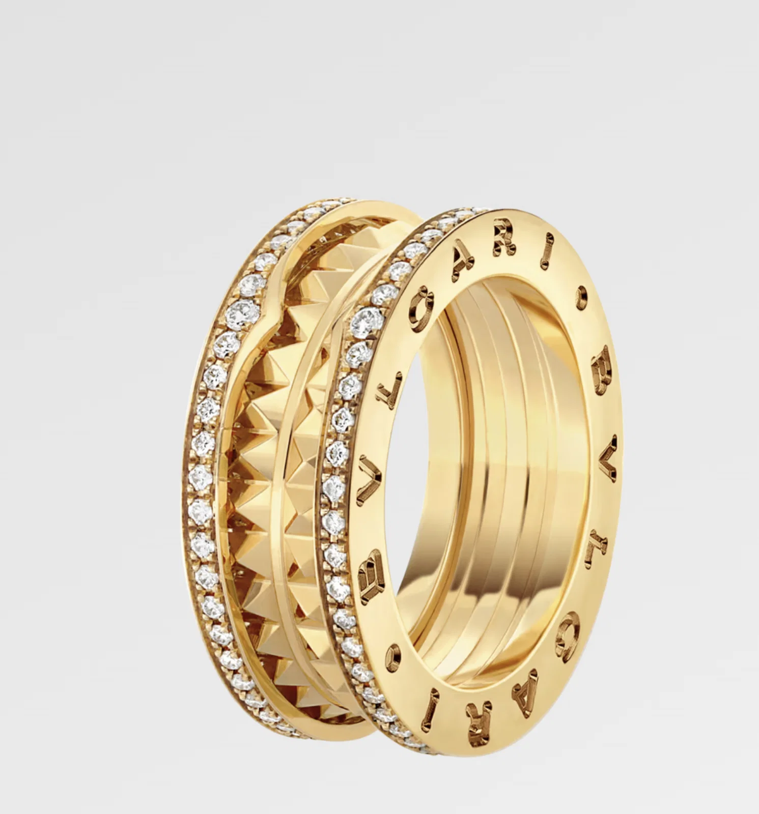 B.zero1 Rock two-band ring in 18 kt gold with studded pave and spiral diamonds, $13,000