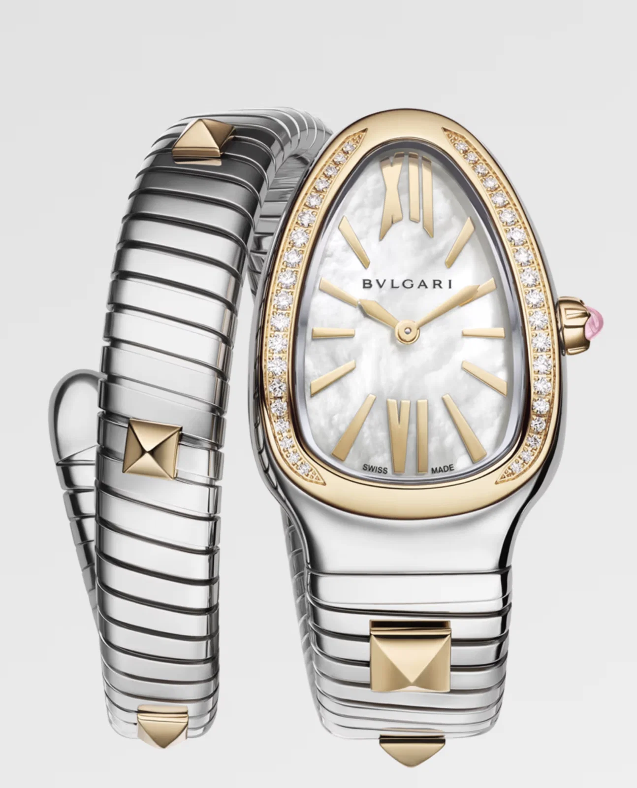 Serpenti Tubogas 18 kt gold and  steel watch with diamond-set bezel and mother-of-pearl dial, $15,900