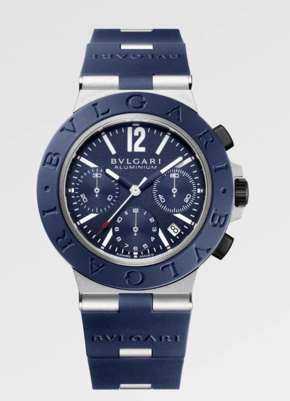 Bulgari Aluminum Chronograph 41 mm watch with blue rubber bezel and bracelet, $5,450