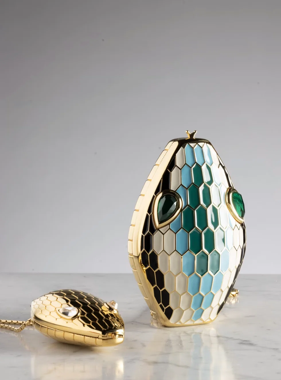 Serpenti sculpural snakehead minaudière reimagines a Bulgari icon as an objet. 