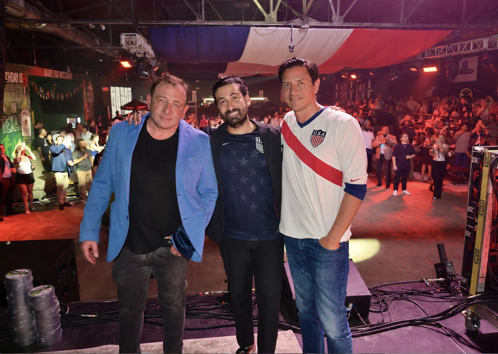 Three of the four partners in The Ranch Presents Pitch Live: Ben Berg, Army Sadeghi, and Brian Ching at the VIP preview of the rocking soccer themed party venue. (Photo by Alex Montoya)