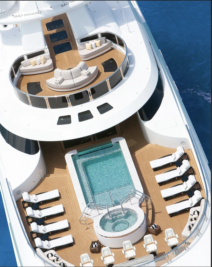 This aerial view of Ambassador Tilman Fertitta's Boardwalk reveals one of several outdoor areas for entertaining or simply sunning (Photo by  Kristina Strobel for Boat International)