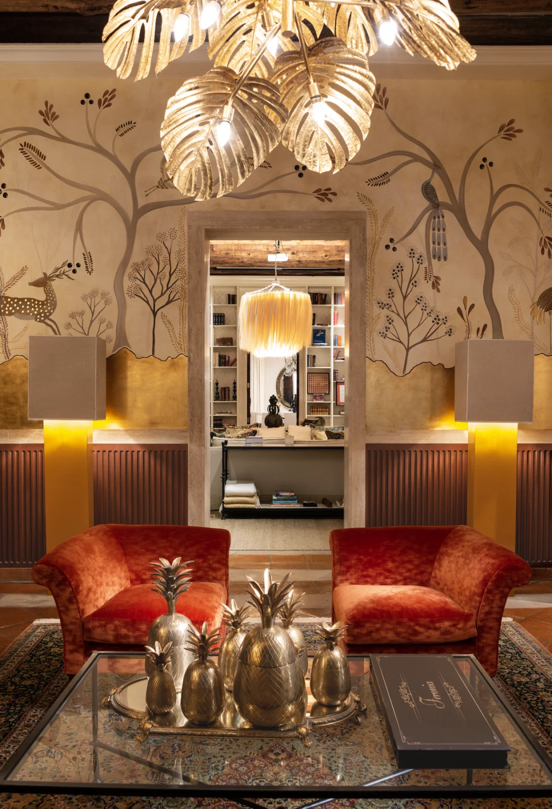 Among the numerous areas for entertaining at Feronia is the bar adorned with hand-painted wall coverings (Photo courtesy of Feronia)