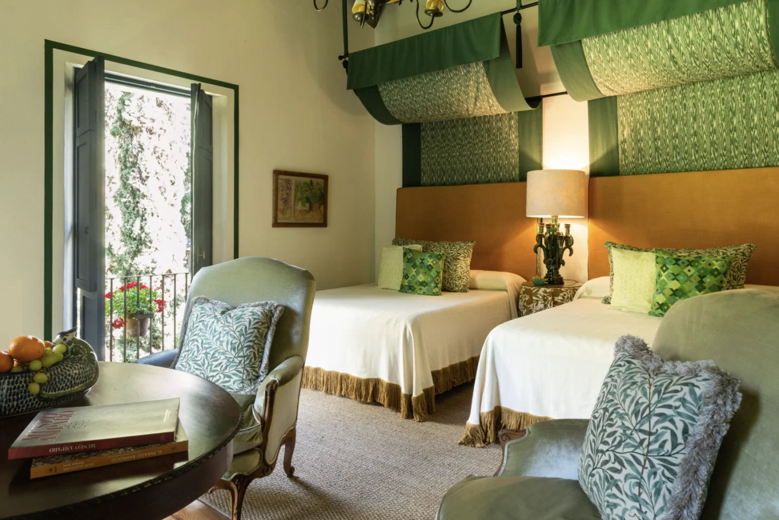 The Botanica bedroom at Feronia with views to the gardens and to the  Tepozteco mountains.