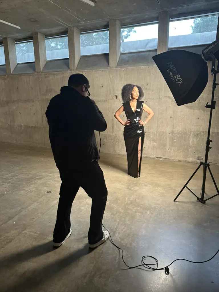 Myrtle Jones with photographer Alejandro Salinas during the Best Dressed shoot at the Contemporary Arts Museum Houston