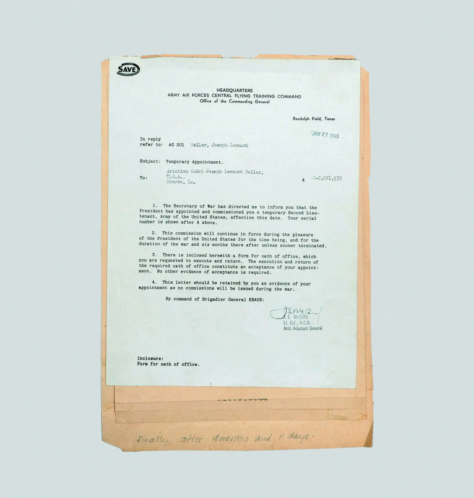 A 1945 Army commission appointing future Catch-22 author Joseph Heller a second lieutenant is among the rare historical documents Peter Harrington will bring to the Dallas Antiquarian Book Fair. (Photo by Andrey & Melissa PR)