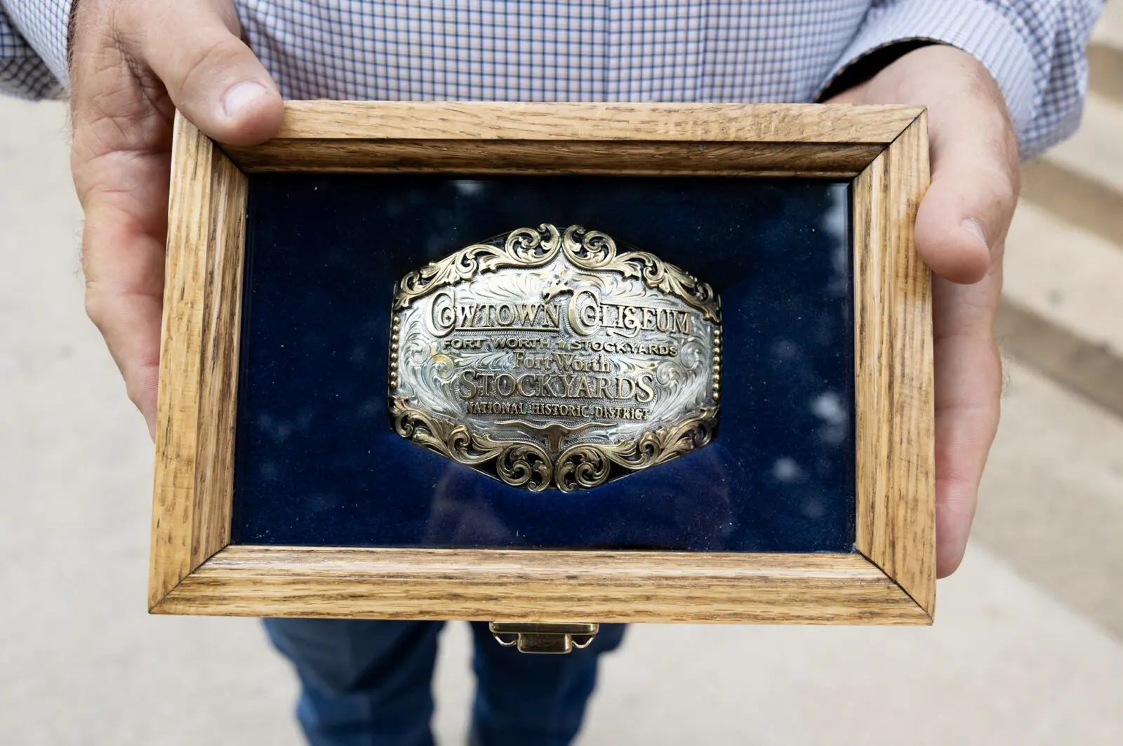 A commemorative belt buckle was among the gifts presented to Princess Takamado. (Photograph by Brooks Burris for Visit Fort Worth)
