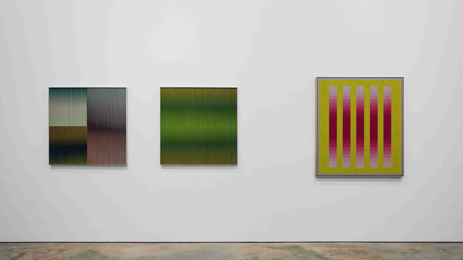 An installation view of "Carlos Cruz-Diez and Julian Stanczak: A Difference in Tone — Two Investigations of Color," 2026, at Sicardi | Ayers | Bacino (Photo by Francisco Ramos. Courtesy Sicardi | Ayers | Bacino)