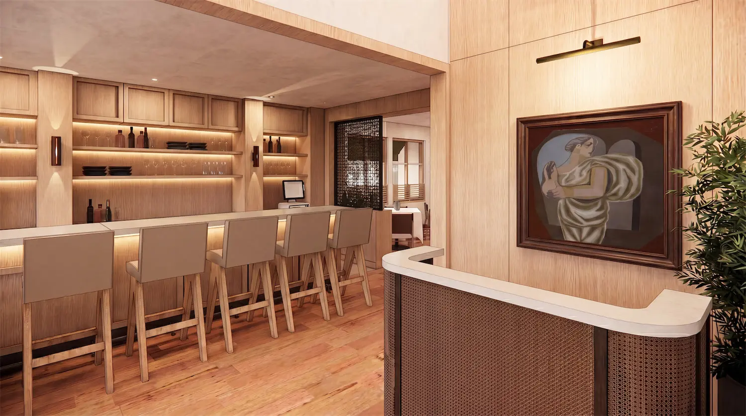 Designed by Dallas-based Gensler Architects, the 3,500-square-foot space will feature clean lines, natural wood, cool stone, and pieces from Torras’ private art collection. (Rendering courtesy of Gensler)