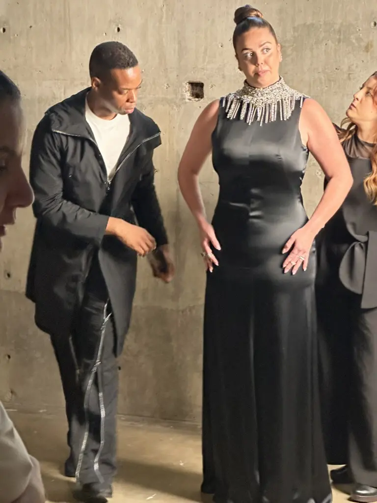 Assisted by Neiman Marcus stylist Christopher Mitchell, Best Dressed honoree Gillian Sarofim wears Alexander McQueen for the photo shoot.