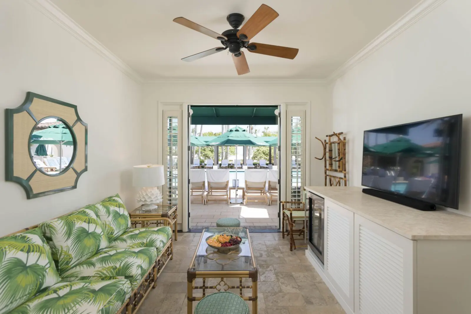 Splurge and rent the private cabana! At the adult-only pool, the air-conditioned private cabana also includes four poolside chaise lounges underneath umbrellas, ensuring optimal position in the sun or shade. (Photo by Sea Island)