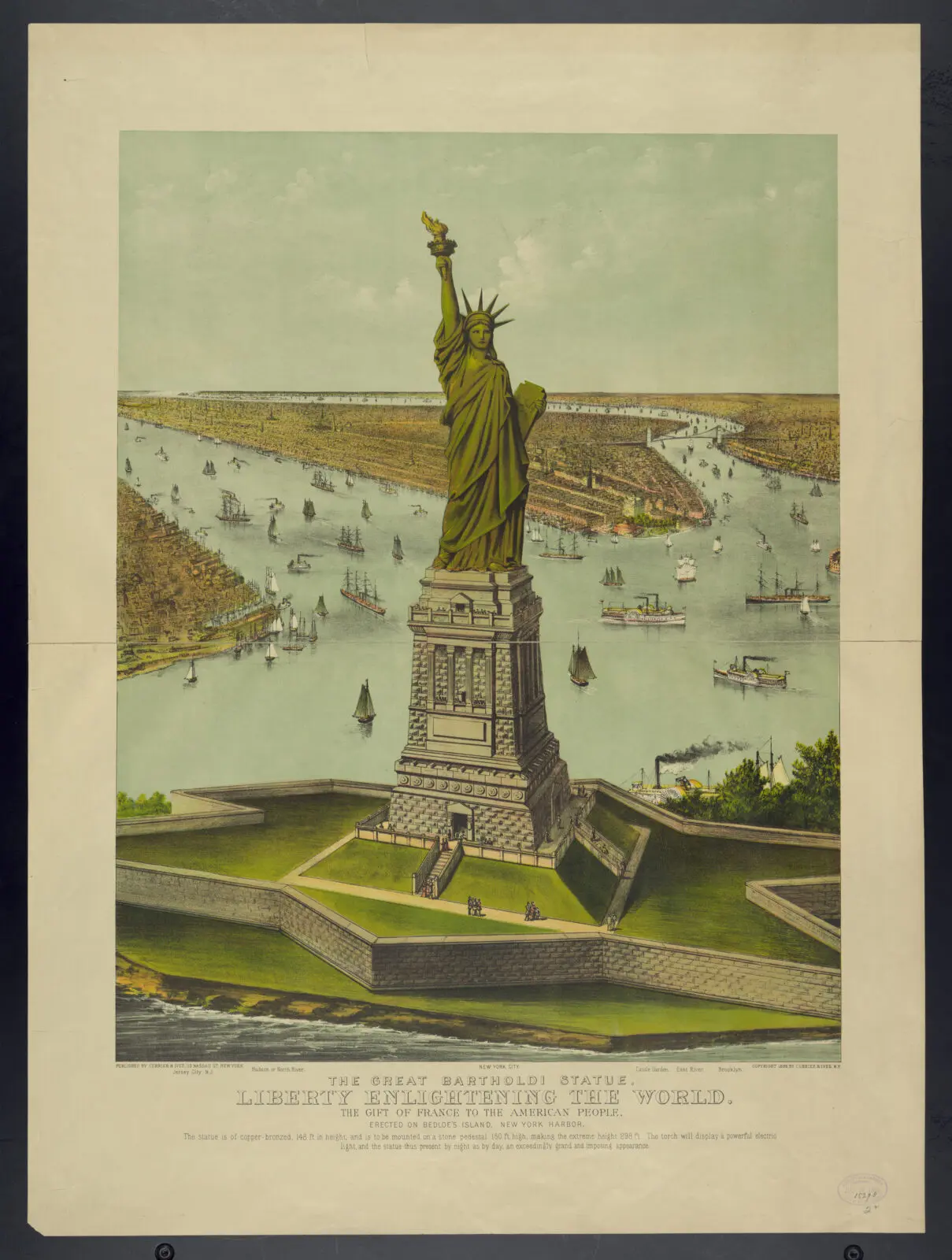 Currier & Ives' "The Great Bartholdi Statue —Liberty Enlightening the World, the Gift of France to the American People" reflects the widespread fascination with the Statue of Liberty even before its 1886 dedication. (Courtesy)