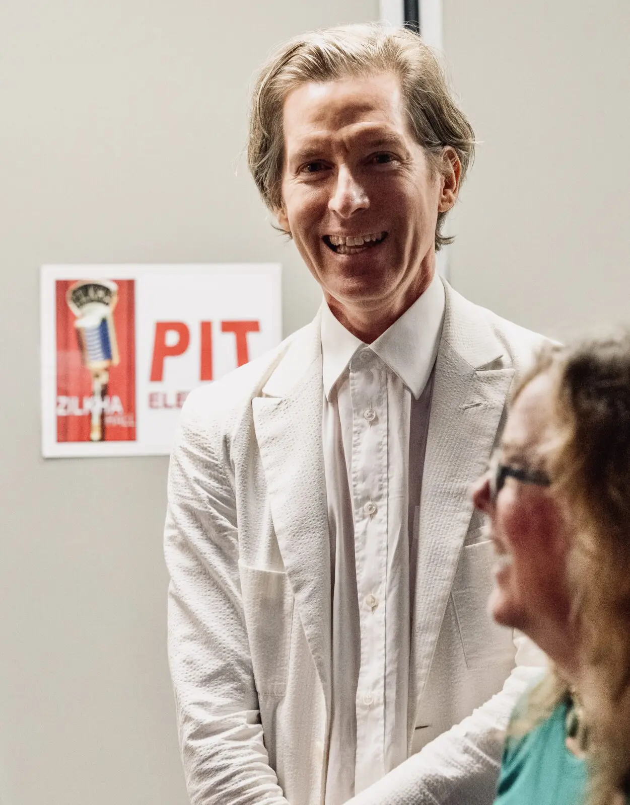 Backstage at Zilkha Hall, Hobby Center, with headliner/guest of honor Wes Anderson in town for his Homecoming Soirée to benefit Arthouse Houston's efforts to save Garden Oaks Theater. Foreground: Arthouse Houston co-founder and president Maureen McNamara. (Photo by Alan Nguyen)
