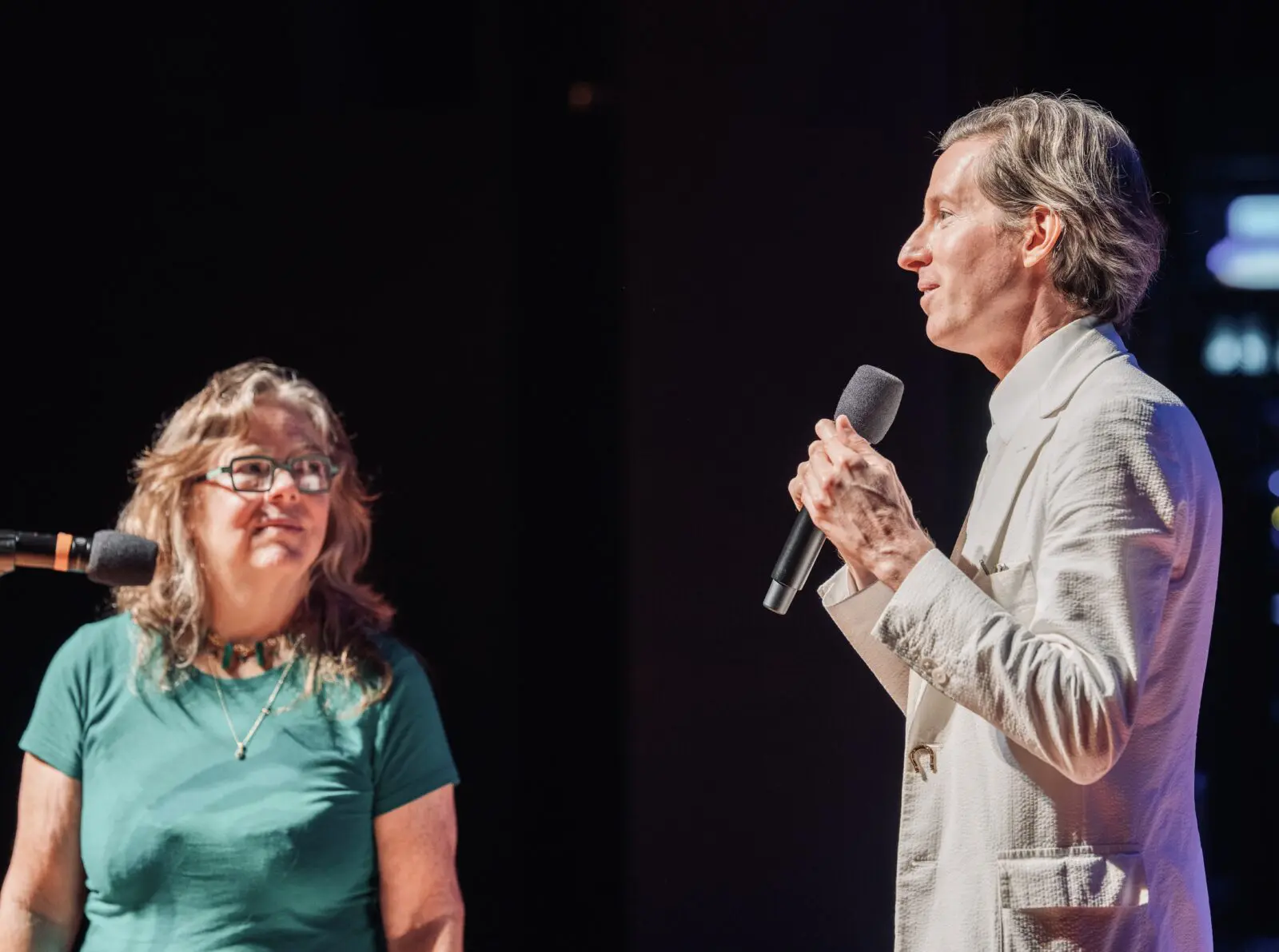 Arthouse Houston co-founder and president Maureen McNamara and the eponymous filmmaker in Wes Anderson Homecoming Soirée at Zilkha Hall, Hobby Center, to save Garden Oaks Theater. (Photo by Alan Nguyen)