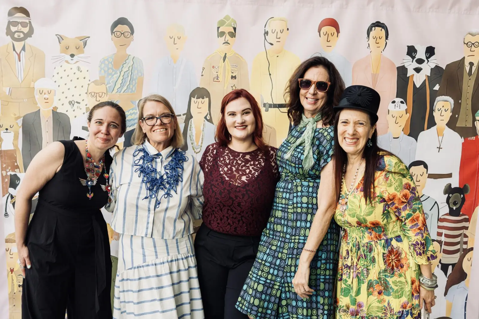 Houston Cinema Arts Society media relations director Elizabeth Sosa Bailey, Southwest Alternate Media Project executive director Randee Ramsey, Houston Cinema Arts Society executive director Katie Creeggan-Ríos, PaperCity's Alison Medley and Catherine D. Anspon at Wes Anderson Homecoming Soirée to Save Garden Oaks Theater. (Photo by Alan Nguyen)  