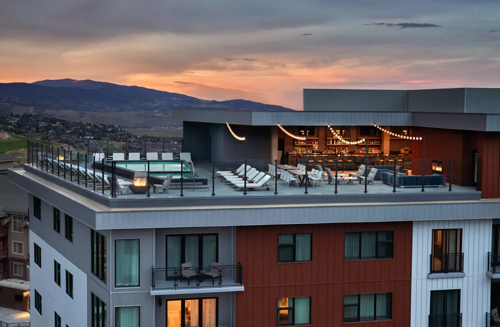 The rooftop pool is a popular gathering spot for guests throughout the year.  (Photo by Pendry Park City)