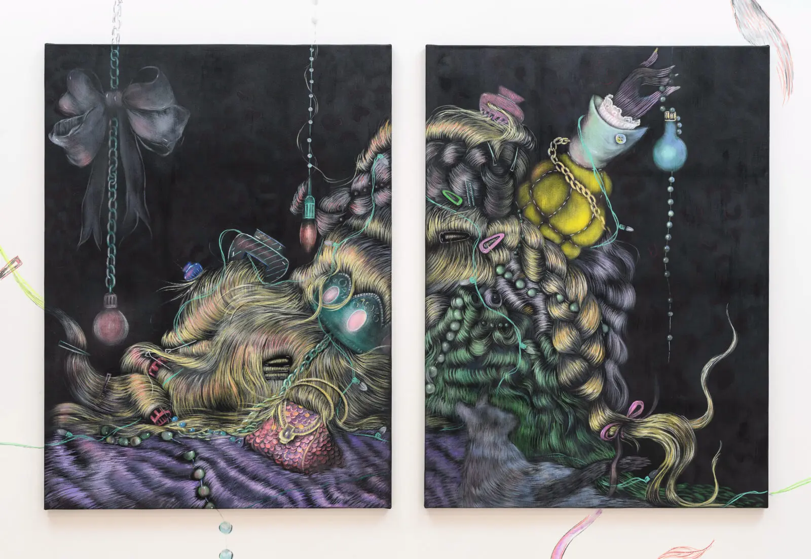Bea Scaccia, "Princess wigs on the move, le bionde di mio padre [...My father's blondes]," 2025, at Richard Saltoun Gallery (© Bea Scaccia. Courtesy Richard Saltoun Gallery London, Rome, and New York.)