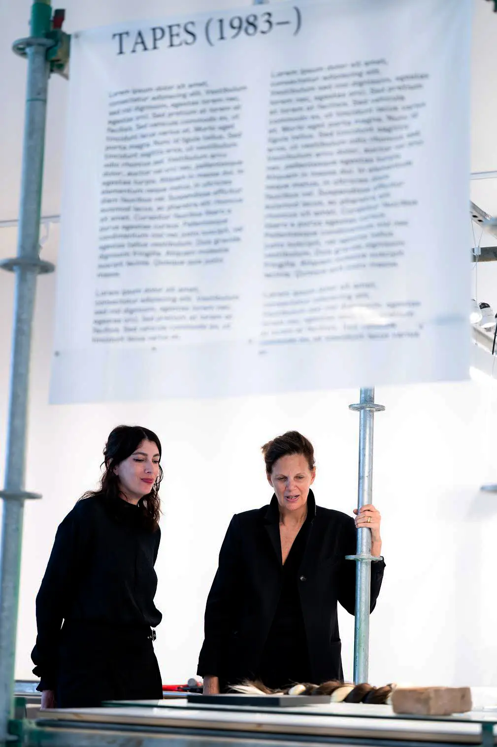 Rebecca Matalon is featured with conceptual artist, Mary Ellen Carroll as they prototype a scaffolding structure for Carroll’s exhibition. Photo by Tasha Gorel.