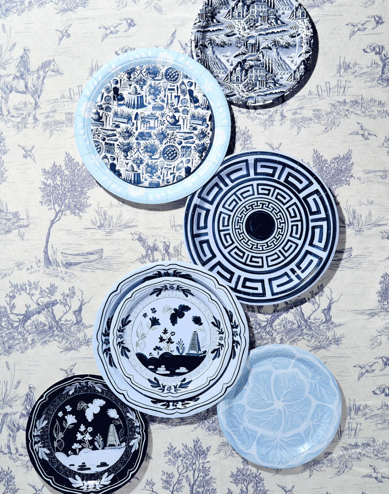 The palette is shades of blue with this collection of Pavilion paper plate